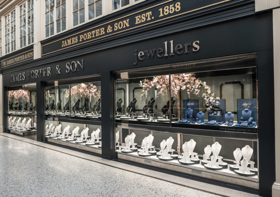 Exterior of the flagship James Porter & Son shop in Glasgow, located within Argyll Arcade